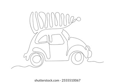 Christmas car carrying a tree in one-line drawing style. Vector minimalist illustration.