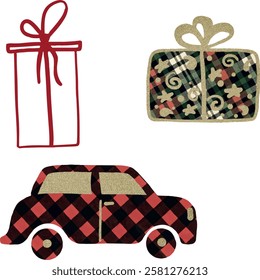 Christmas car, gift box, cone, tartan plaid, red, gold, green. Christmas ornaments, Christmas Eve, Christmas toys, festive, decoration. Vector, set, collection. Watercolor, Vintage. Greeting design, i