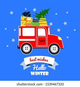 Christmas car  with gift boxes on blue background. Card