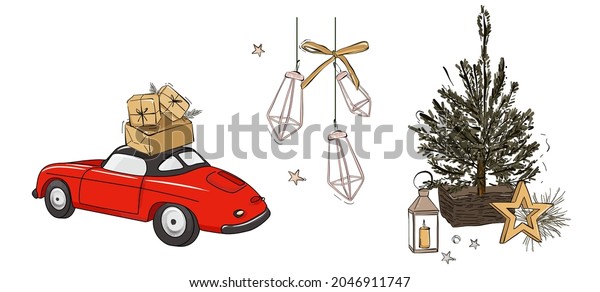 Christmas car holiday season tree december\
winter design, greeting card jingle bells\
