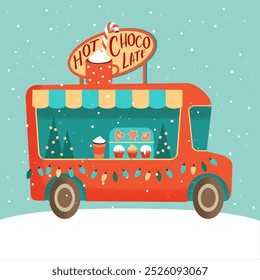 Christmas car with hot chocolate bar. Vintage flat style. Vector illustration