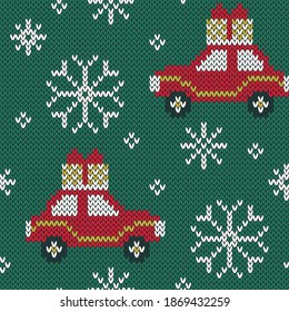 Christmas car jacquard knitted seamless pattern. Winter funny background for socks or sweater design. Vector illustration.