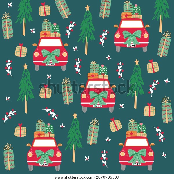 Christmas car pattern. Christmas tree, presents,\
fir tree, holly and bows, on green background. Gift or present box\
fabric illustration.Design for winter holidays greeting background\
or wrapping paper