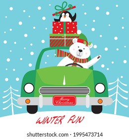 Christmas car and polar bear for christmas greeting card, gift bag or box design