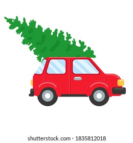 Christmas car. Red pickup truck carrying a Christmas tree.