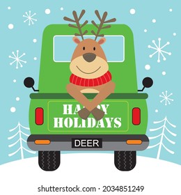 Christmas car and reindeer for christmas card, gift bag or box design