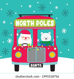 Christmas car, santa and bear for christmas greeting card