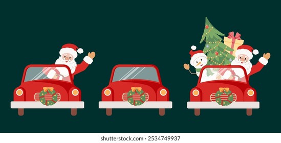 Christmas car with Santa Claus as the driver and snowman with gifts, tree and decorations. Flat style vector illustration. For Christmas cards, banners and labels. Holiday character. Hand drawn.