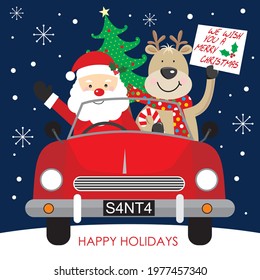 Christmas car, santa and reindeer for christmas greeting card