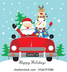 Christmas car, santa, snowman and reindeer for greeting card, gift box and bag design