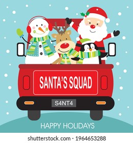 Christmas car and santa squad for christmas greeting card