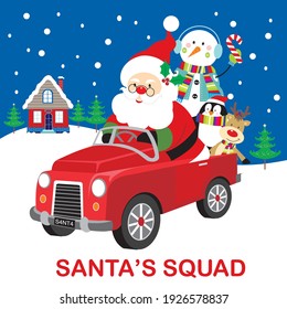 Christmas car and santa's squad for christmas greeting card