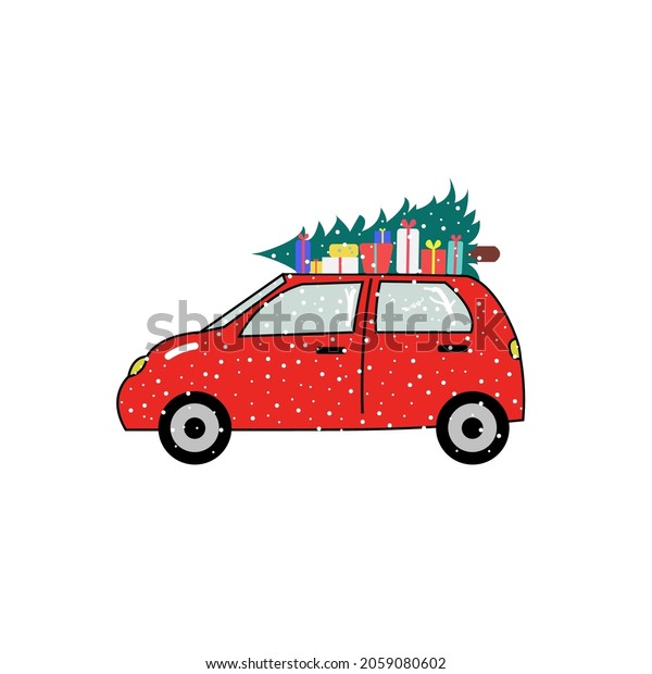 Christmas car. A car that is carrying pine\
tree and gifts while snowing with a little shadow of Santa through\
the window. Vector\
illustration.