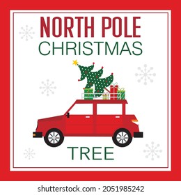 Christmas car and tree for christmas card, gift bag or box design