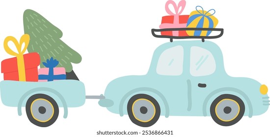 Navidades Coche Con Árbol Y Regalos Ilustración vectorial