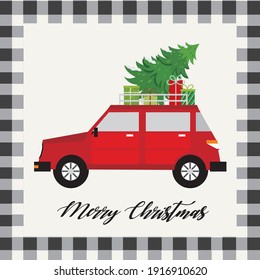 Christmas car and tree for greeting card or christmas gift bag and box