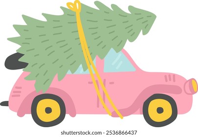 Christmas Car With Tree Vector Illustration