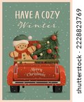 Christmas car trunk with ginger man and New Year's tree. Happy New Year  and Merry Christmas Postcard or poster or flyer template