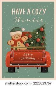 Christmas car trunk with ginger man and New Year's tree. Happy New Year  and Merry Christmas Postcard or poster or flyer template