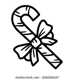 Christmas Caramel Candy Cane with Bow linear vector icon in doodle sketch style