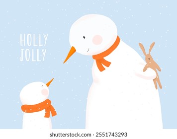 Christmas Card With 2 Snowmen on a Blue Background. Big Snowman Holding A Bunny Toy - A Surprise Gift For A Baby Snowman. Xmas Greeting Card. Cute Hand Drawn Mama or Father Snowman with Its Baby. RGB.