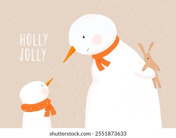 Christmas Card With 2 Snowmen on a Beige Background. Big Snowman Holding A Bunny Toy - A Surprise Gift For A Baby Snowman. Xmas Greeting Card. Cute Hand Drawn Mama or Father Snowman with Its Baby.RGB 