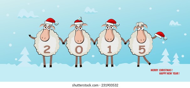 Christmas card for 2015 with a picture of four funny sheep in red hats 