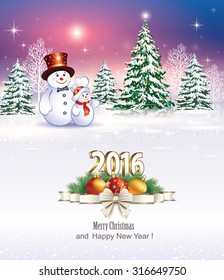 Christmas card in 2016 against the backdrop of the nature with a snowman.