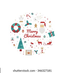 Christmas Card 2016 Circle with elements of mistletoe, Santa Claus, Christmas tree, gift, snowflake. Color illustration style poster flat