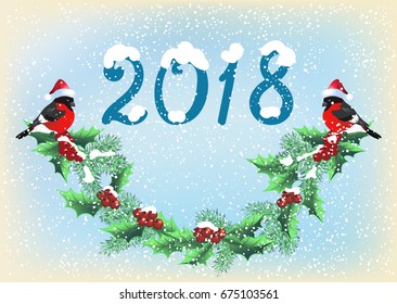 Christmas card for 2018 year with garland and bullfinches on the snowfall background in retro style with inscription "2018"