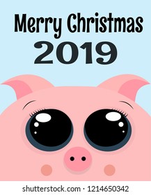 Christmas card 2019. Cute pink piggy wishes a merry Christmas and a new year 2019. Symbol of the year of the pig 2019 figure. Pig cover design with big eyes and happy new year