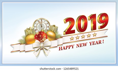 Christmas card 2019 greeting card with gift boxes and on the background of watches and balls. Vector illustration