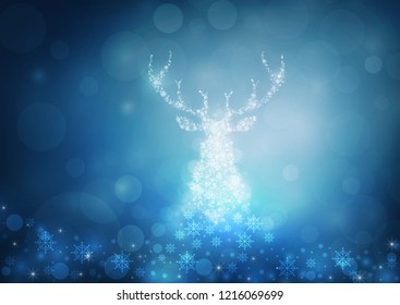 Christmas card with 2019 Magic Deer blue color background. vector illustration