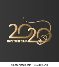 Christmas card 2020 with a mouse. Logo. Happy New Year greetings. Cover business diary, calendar, banner with a computer mouse in a modern golden form on a black background.