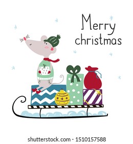 Christmas card 2020 with mouse sitting on a sled with gifts. New year card with cute rat - vector illustration.