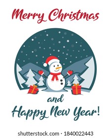 Christmas card, 2020. vector image, snowman with gifts, winter landscape. Merry Christmas and happy new year!