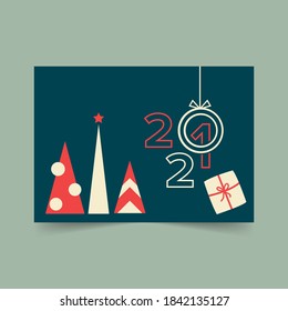 christmas card 2021 set, Vintage Christmas elements, Christmas And Happy New Year templates. Trendy retro style. 