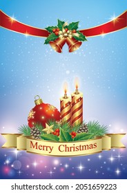 
Christmas card 2022 with ball and candles on fir branches with cones, rowan and star on a blue glowing background decorated with ribbon and bells. Vector illustration