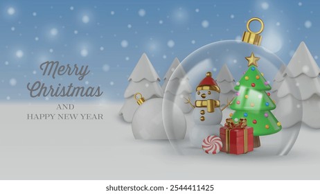 christmas card with 3d snowman and christmas tree inside a glass ball. merrry christmas banner with 3d realistic decorations on winter landscape