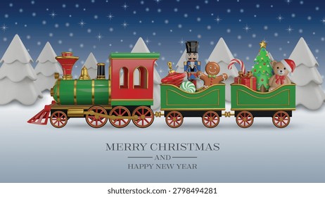 christmas card with 3d steam train and realistic christmas decorations. christmas background with 3d toys and sweets inside the carriages of a toy train	