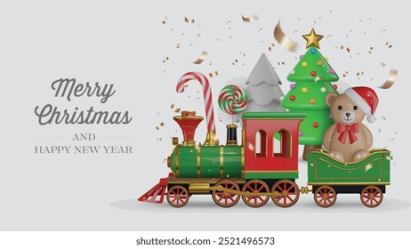 christmas card with 3d toy train and christmas tree. merry christmas banner with 3d realistic elements