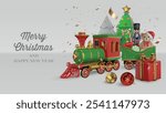 christmas card with 3d christmas toys and christmas tree. merry christmas banner with 3d realistic steam train