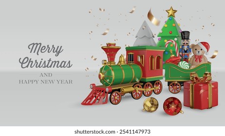 Tarjeta de la Navidad con los juguetes de la Navidad 3D y el árbol de navidad Anuncio de la Feliz Navidad con el tren de vapor realista 3D