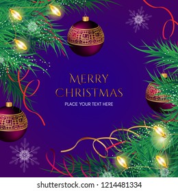 Christmas card. 3D Christmas tree decorated with the toys, ribbons and lanterns. Background with the snowflakes.