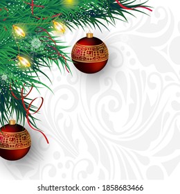 Christmas card. 3D Christmas tree decorated with the toys, ribbons and lanterns. Background with the ornament.