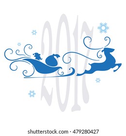 Christmas card, abstract festive background, Santa Claus in sleigh with reindeer, vector illustration