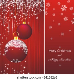 Christmas card as abstract red background with new year stars and decorations