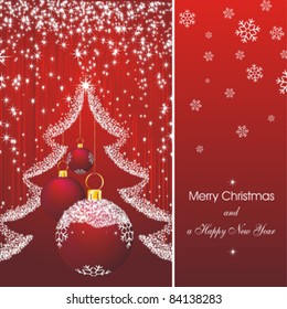 Christmas card as abstract red background with new year stars, fir silhouette and red decorations