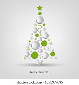 Weihnachtskarte mit abstrakten Baumkreisen und Schneeflocken-Design