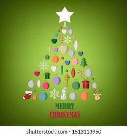 Christmas card with abstract tree composed of different objects